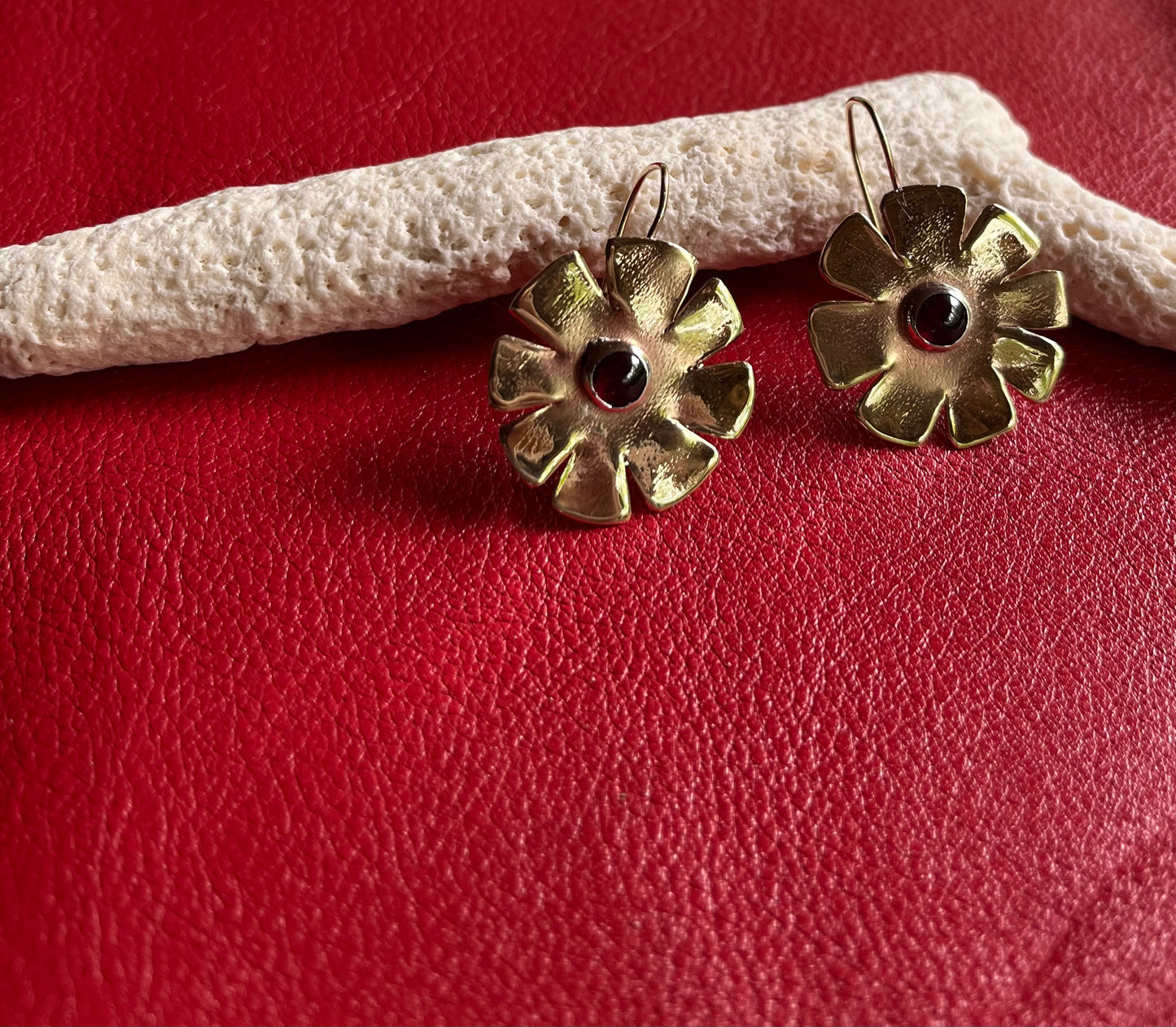 Brass garnet flower earrings