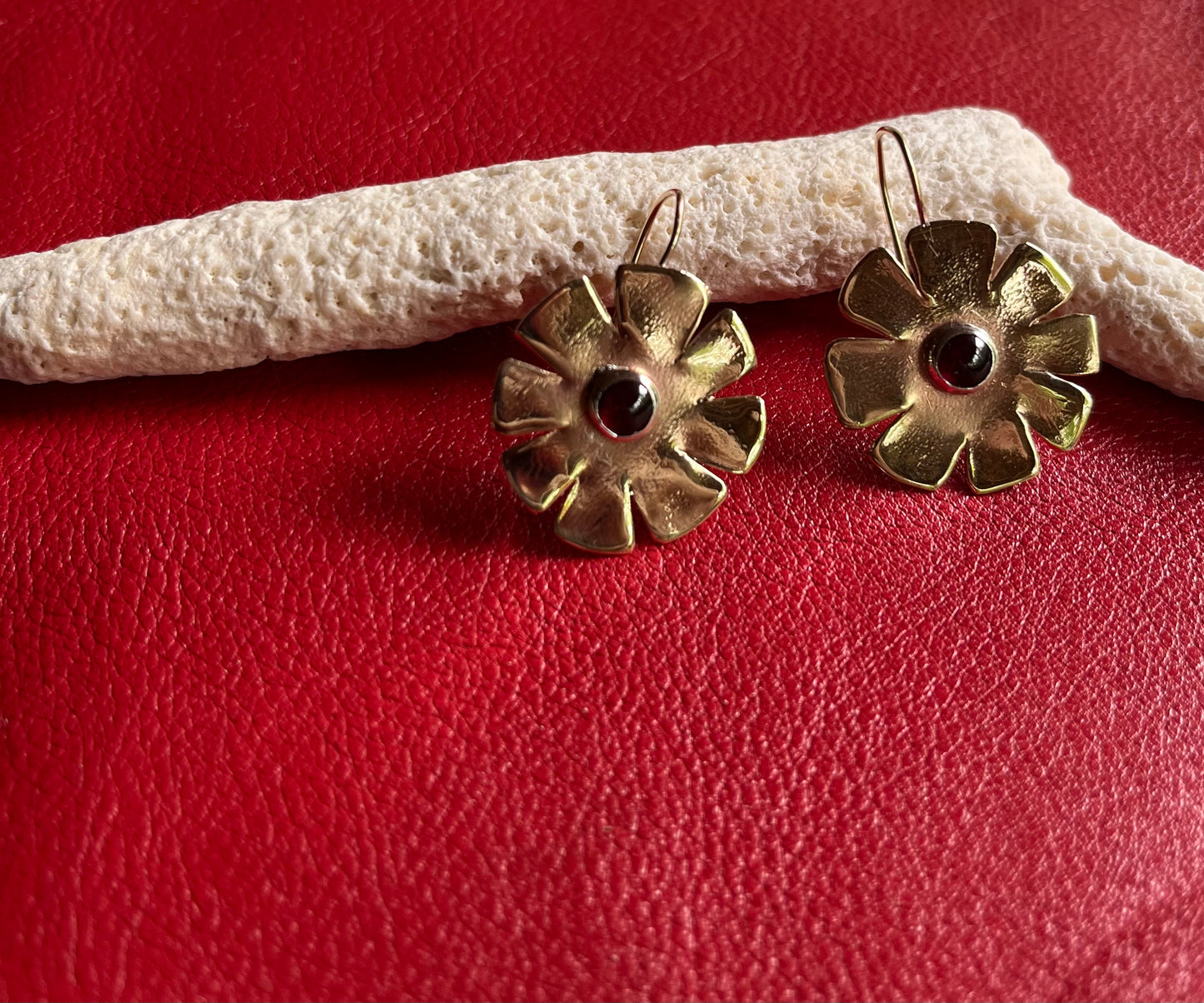 Brass garnet flower earrings