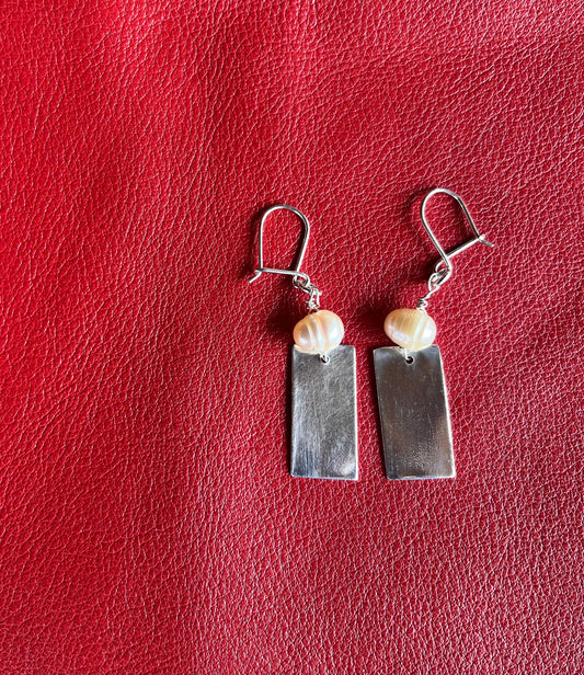 Rectangular sterling and pearl earrings