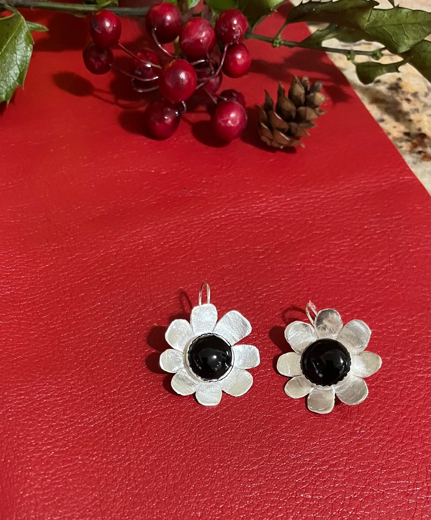 Onyx and floral earrings
