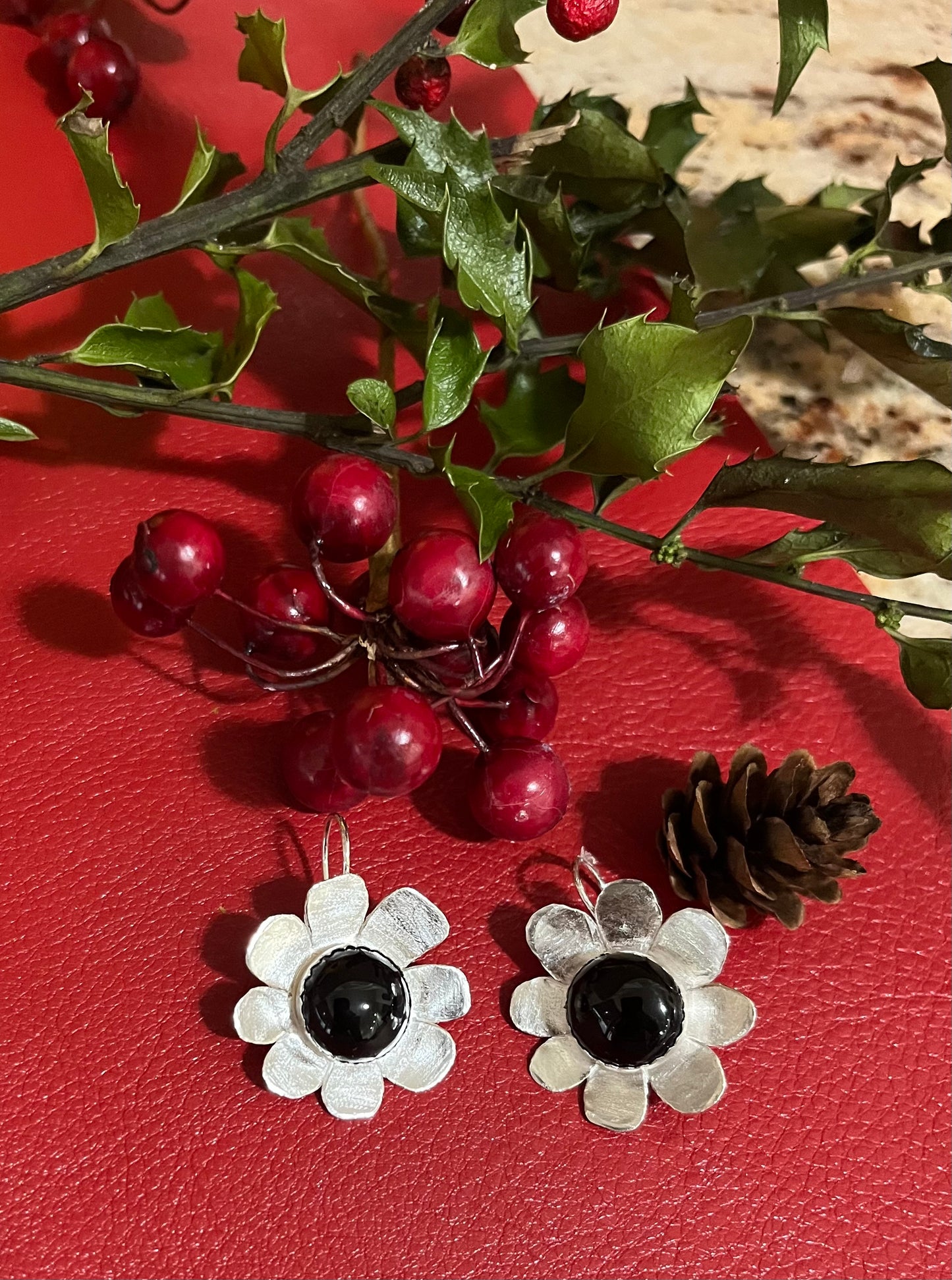 Onyx and floral earrings