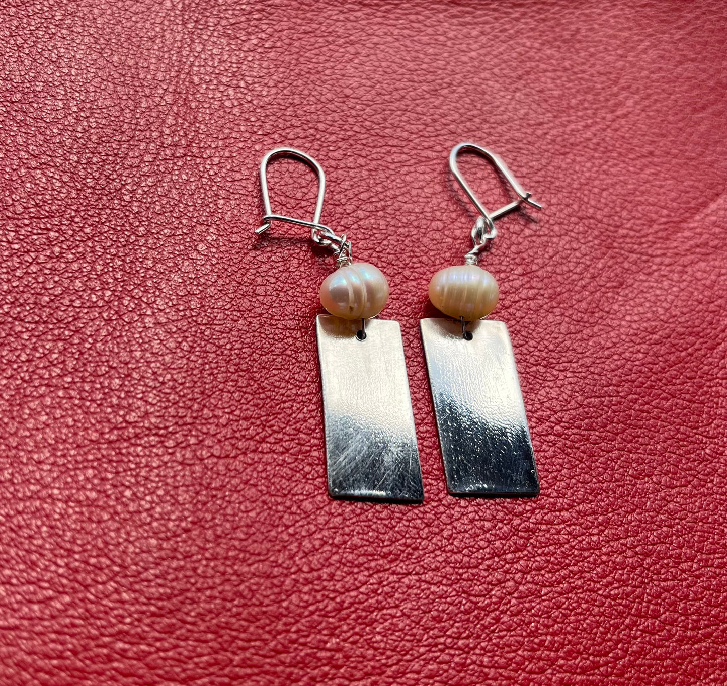 Rectangular sterling and pearl earrings