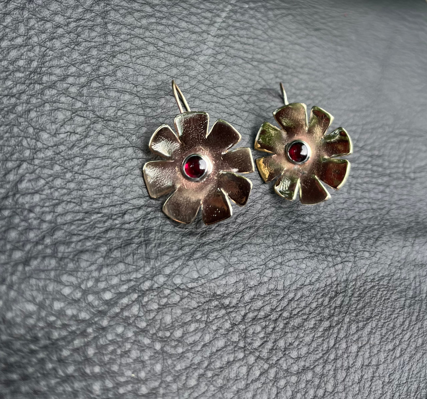 Brass garnet flower earrings